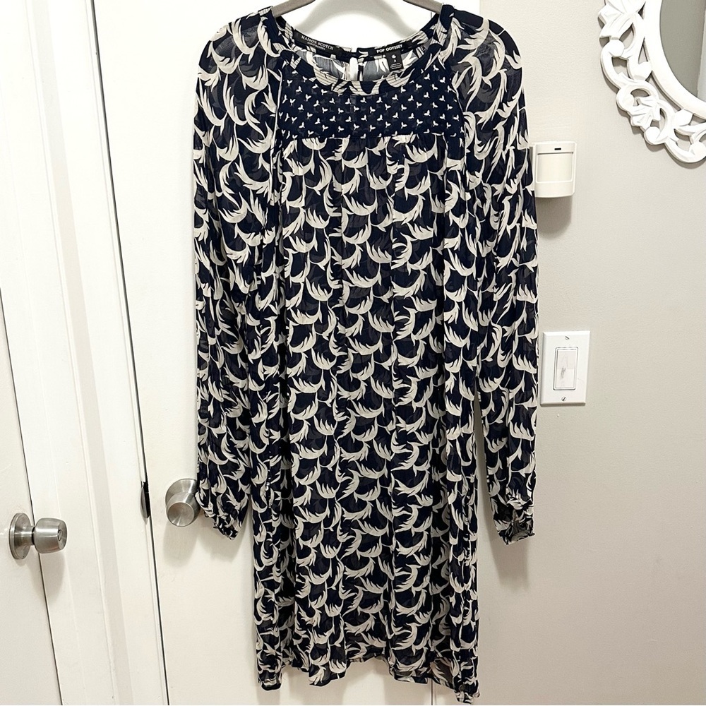 MAISON SCOTCH & SODA Navy Print Dress L Pop Odyssey Sheer Long Slv Lightweight